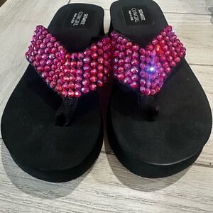 Black genuine, crystal flip-flops
